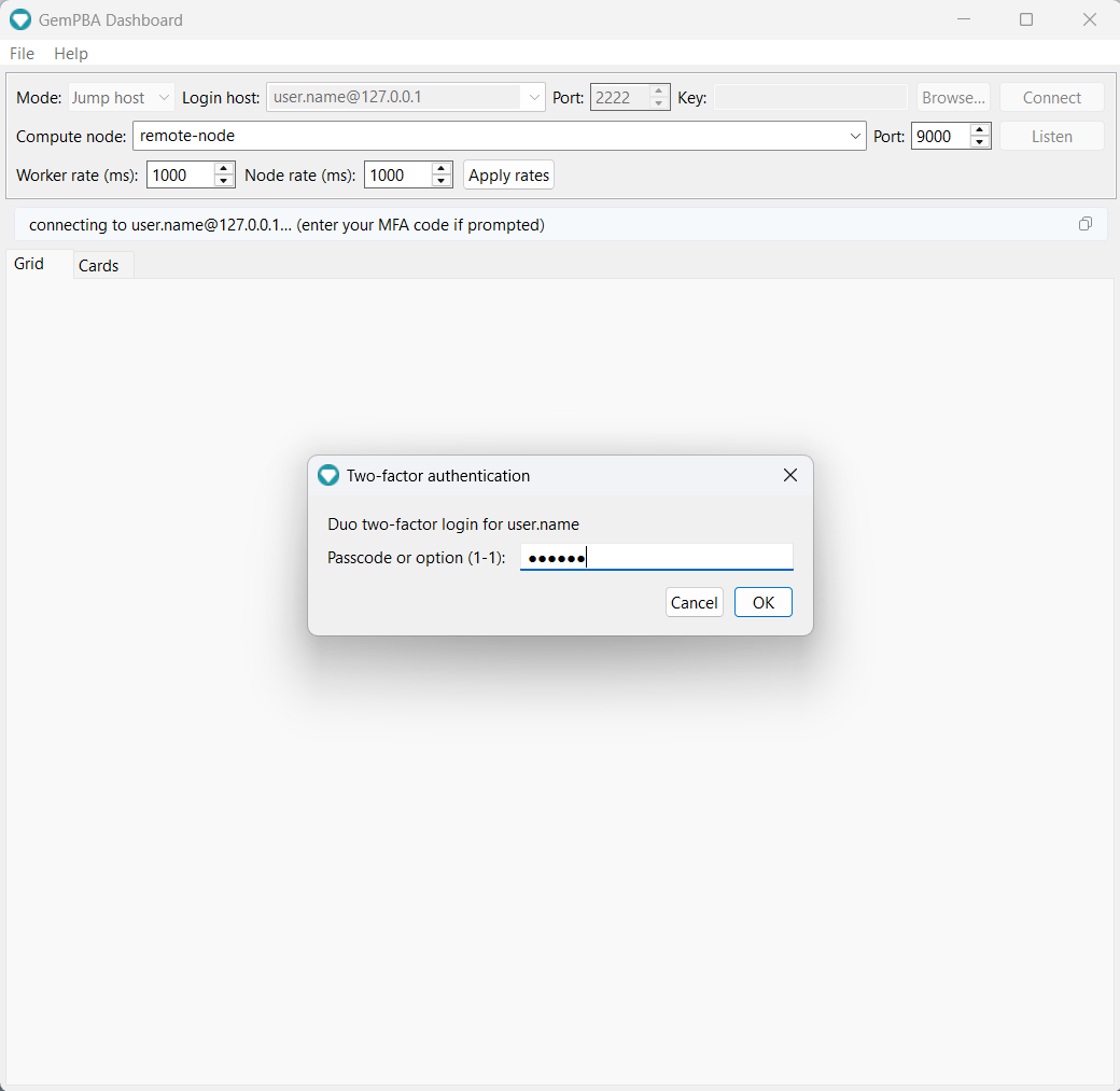 The dashboard answering a Duo MFA prompt while connecting through a jump host